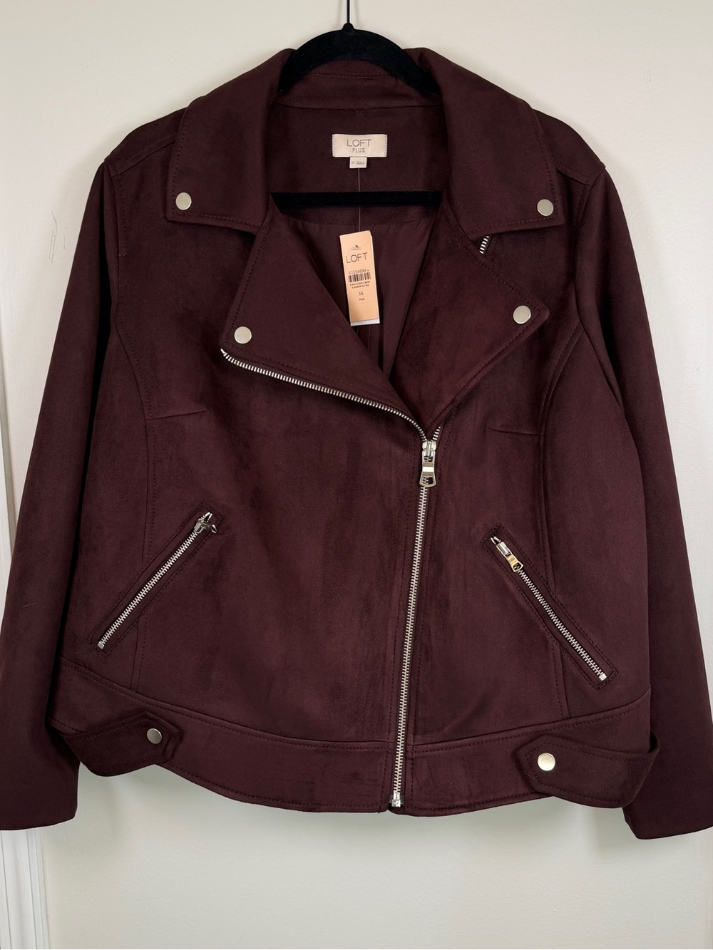 NWT LOFT Plus Faux Suede Moto Jacket Burgundy Wine Brown Size 14 Fall